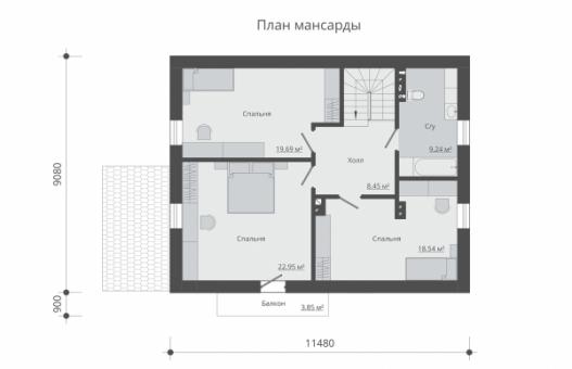 Одноэтажный дом с мансардой, террасой и балконом